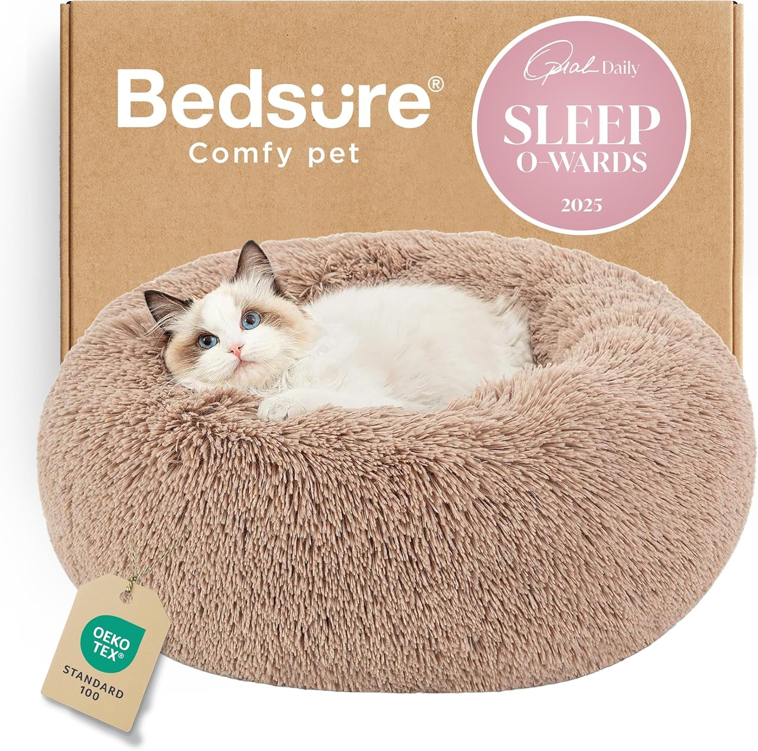 Calming Plush Cat Bed, 20 in (50 cm) – Anti-Slip, Washable (Camel)