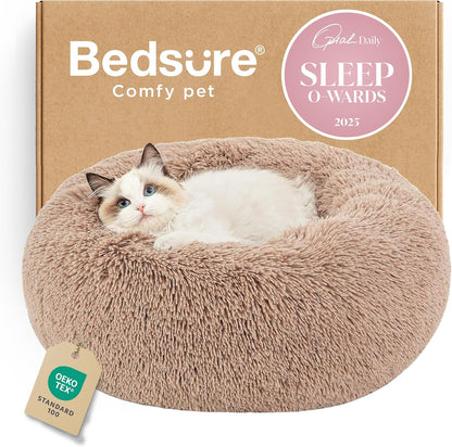 Calming Plush Cat Bed, 20 in (50 cm) – Anti-Slip, Washable (Camel)