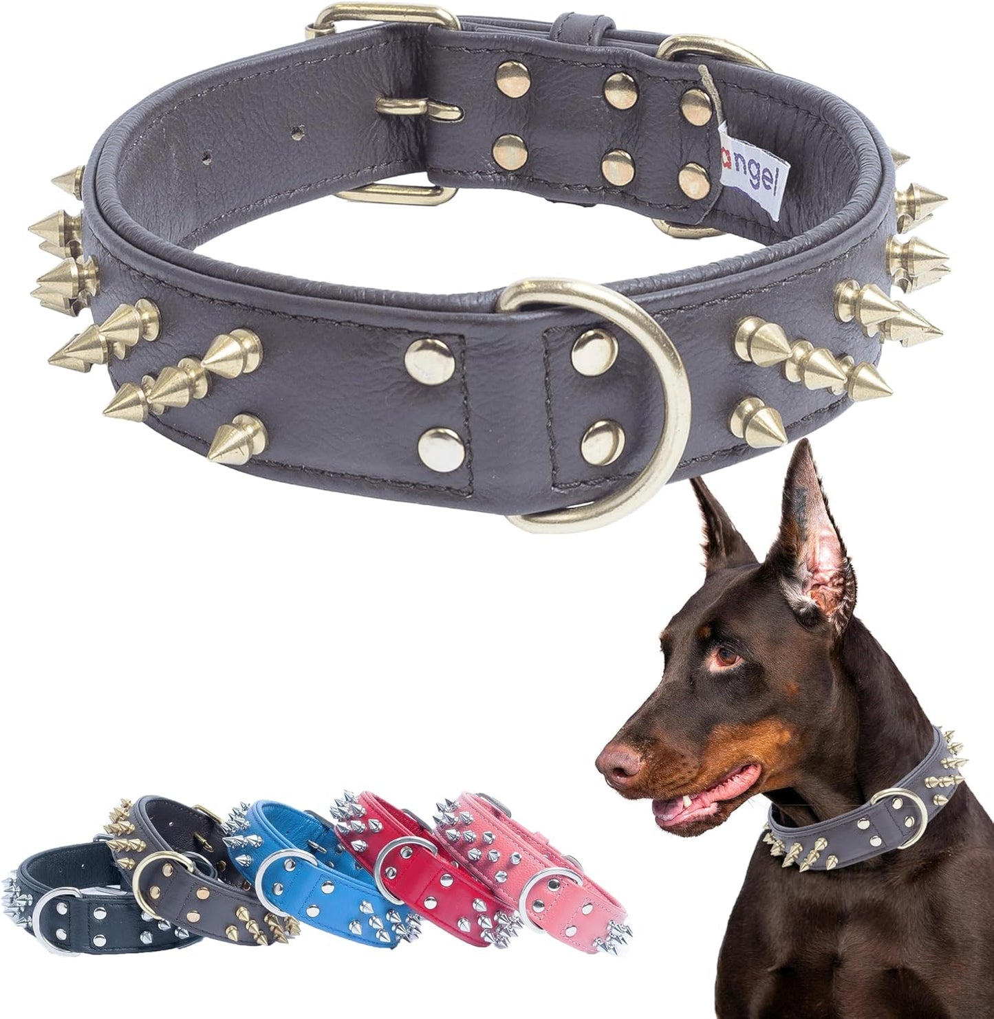 Spiked Leather Dog Collar for Large Dogs – Water-Resistant Thick Collar with D-Ring, 22 × 1.5 In (Chocolate Brown, 55.9 × 3.8 cm)