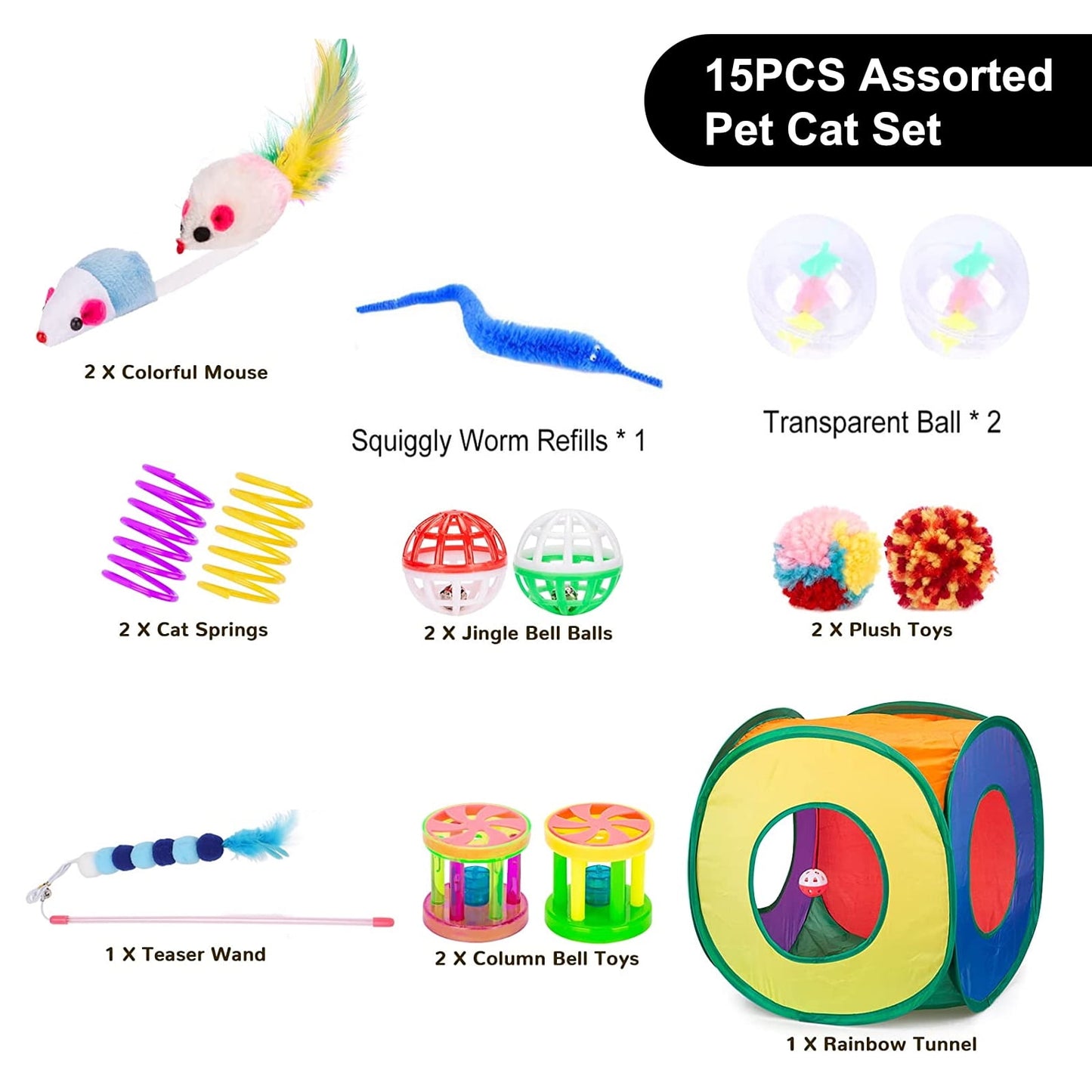 15-Piece Cat Toy Set with Tunnel – Interactive Kitten Toys