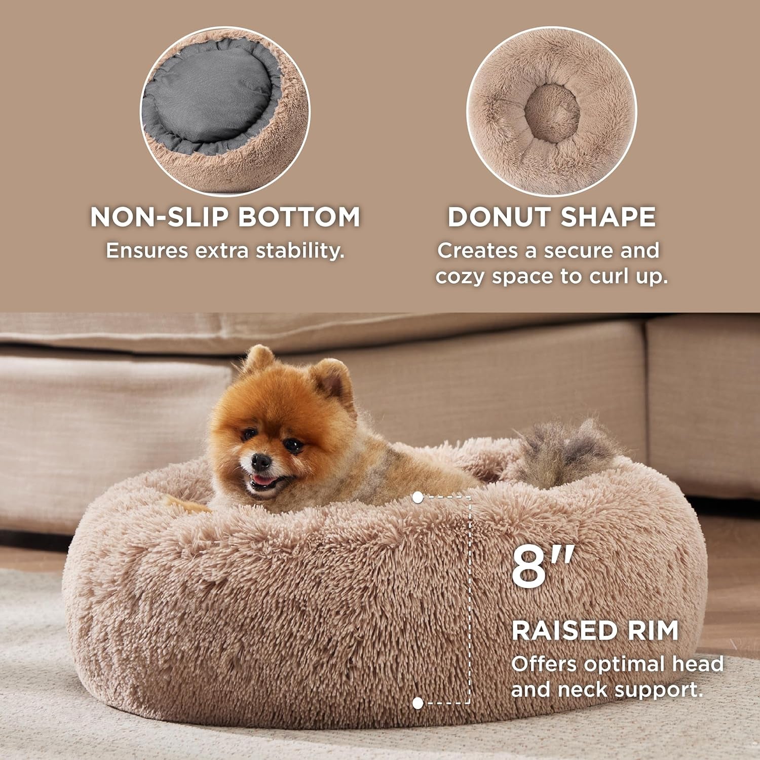Calming Plush Cat Bed, 20 in (50 cm) – Anti-Slip, Washable (Camel)