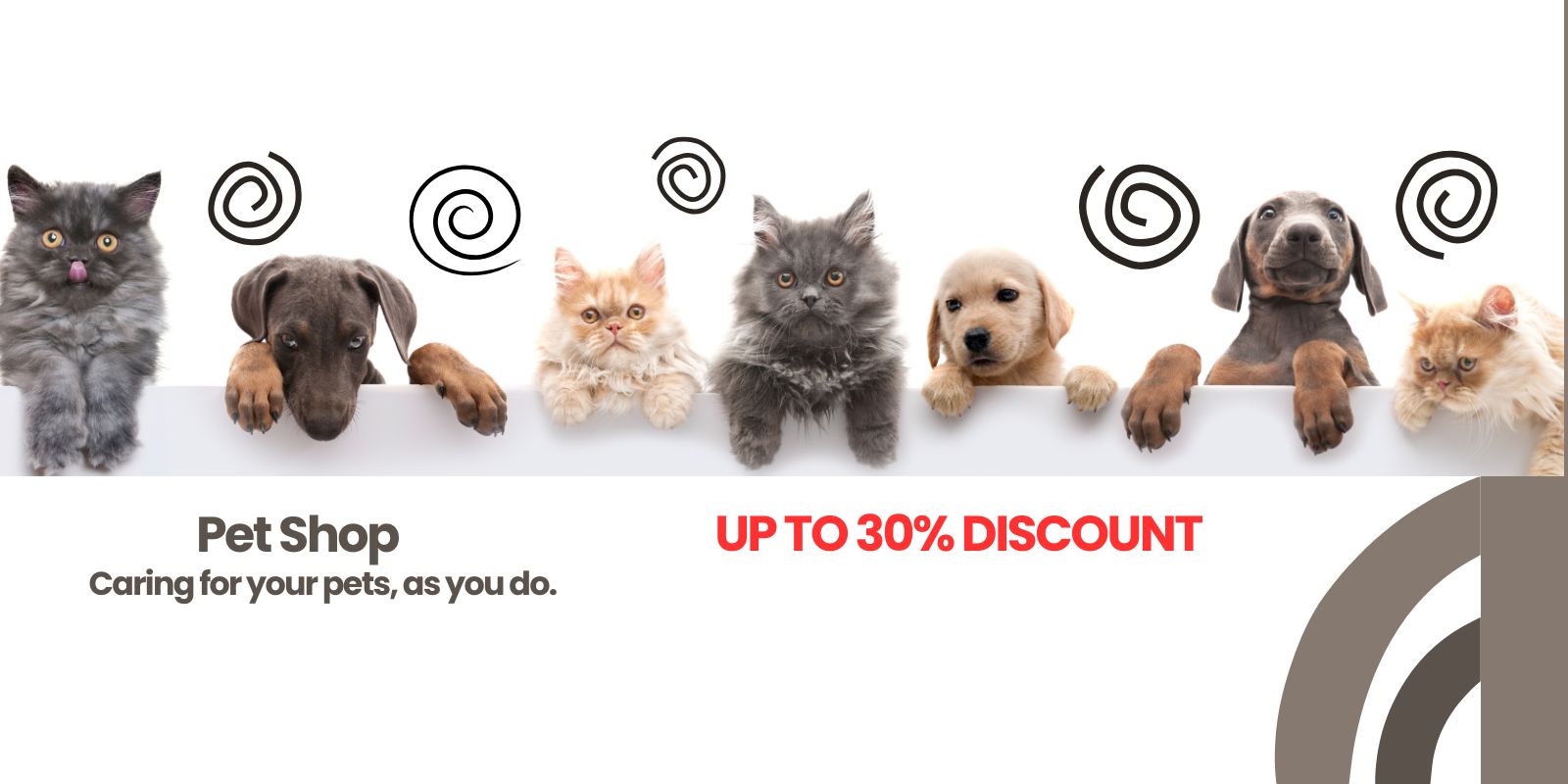 Promotional banner featuring cats and dogs with elegant swirl elements, showcasing BALTCROW Pet Shop slogan ‘Caring for your pets, as you do’ and up to 30% discount on premium pet accessories.