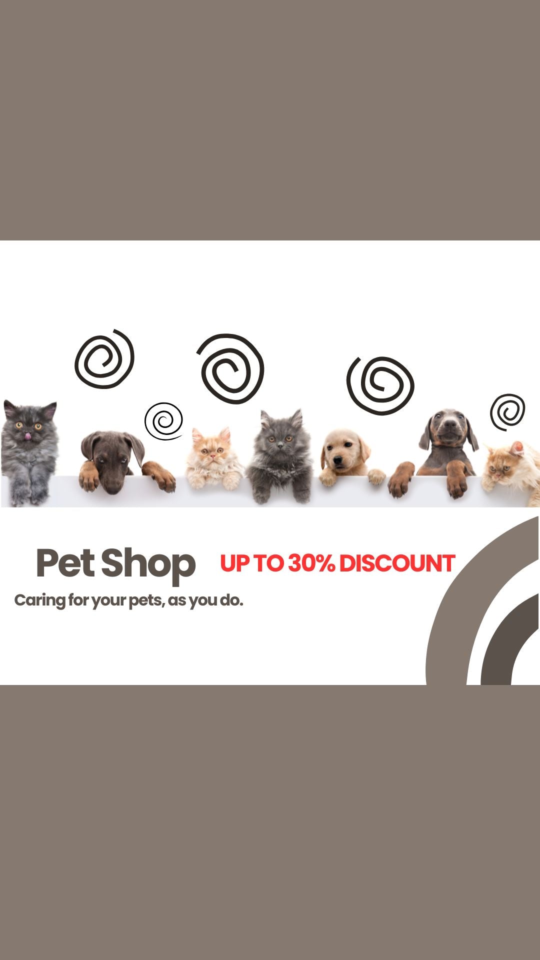 Promotional banner featuring cats and dogs with elegant swirl elements, showcasing BALTCROW Pet Shop slogan ‘Caring for your pets, as you do’ and up to 30% discount on premium pet accessories.