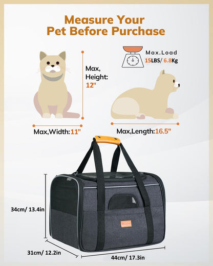 Soft Pet Carrier for Cats & Small Dogs – Travel Carrier with Cushion & Foldable Bowl (up to 9.1 kg, Dark Gray)