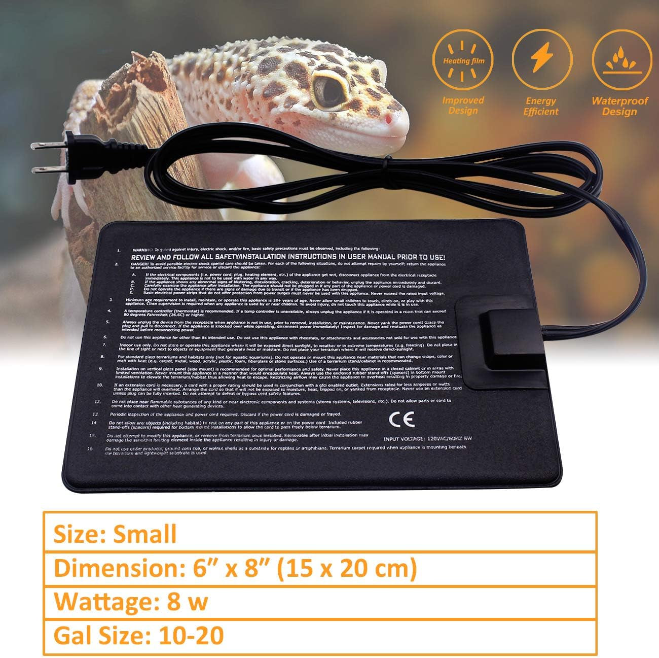 Reptile Heating Pad 6×8" (15×20 cm) – 8W Heat Mat, 2-Pack
