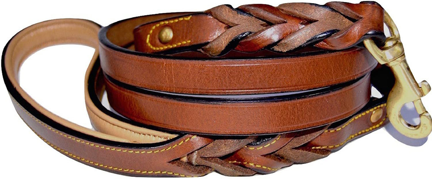 Leather Braided Dog Leash, Brown 6Ft × 3/4 Inch (183 cm × 1.9 cm), Full-Grain Lead