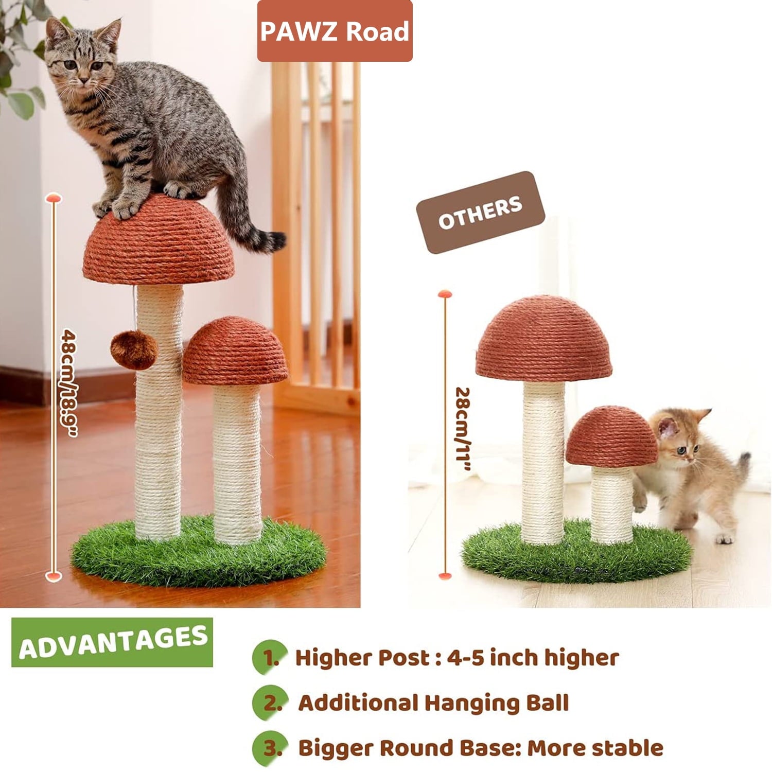 2 Mushrooms Cat Scratching Post 19″ (≈48 cm) – Sisal Claw Scratcher for Kittens & Small Cats, Brown
