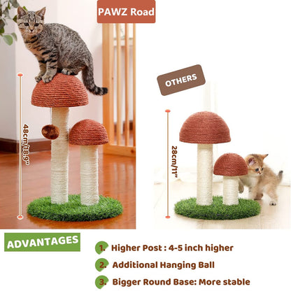 2 Mushrooms Cat Scratching Post 19″ (≈48 cm) – Sisal Claw Scratcher for Kittens & Small Cats, Brown