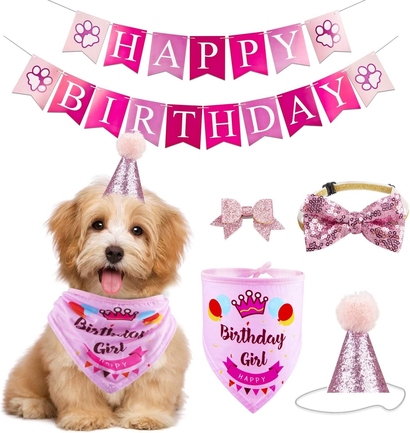 Dog Birthday Party Set – Bandana, Hat & Banner (Pink, Girl)