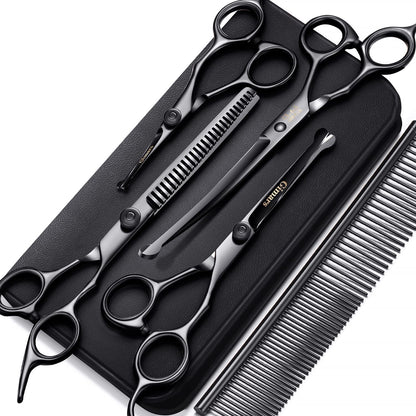 Professional Dog Grooming Scissors 7" (18 cm) | 6-in-1 Stainless Steel Set with Safety Round Tip
