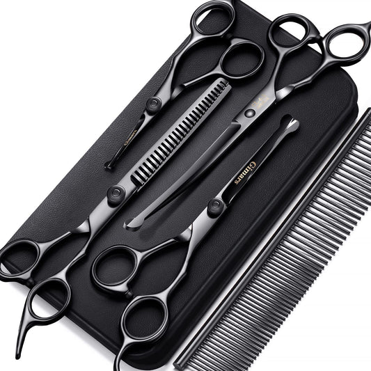 Professional Dog Grooming Scissors 7" (18 cm) | 6-in-1 Stainless Steel Set with Safety Round Tip