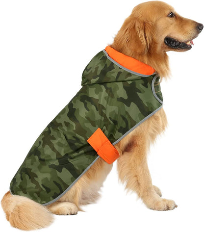 Reversible Dog Raincoat with Hood – Waterproof Jacket (Orange Camo, L)