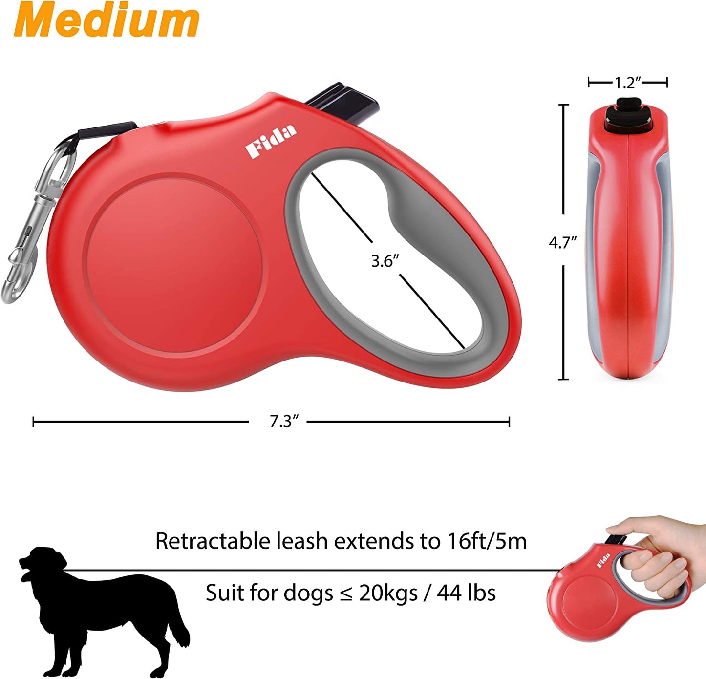 Retractable Dog Leash 16 ft (4.8 m) with Dispenser & Bags – Red