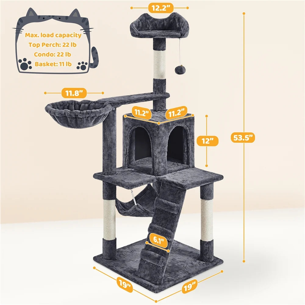 Cat Tree Tower with Hammock, Basket & Scratching Posts – Dark Gray, 54" (137 cm)