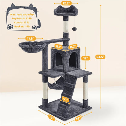 Cat Tree Tower with Hammock, Basket & Scratching Posts – Dark Gray, 54" (137 cm)