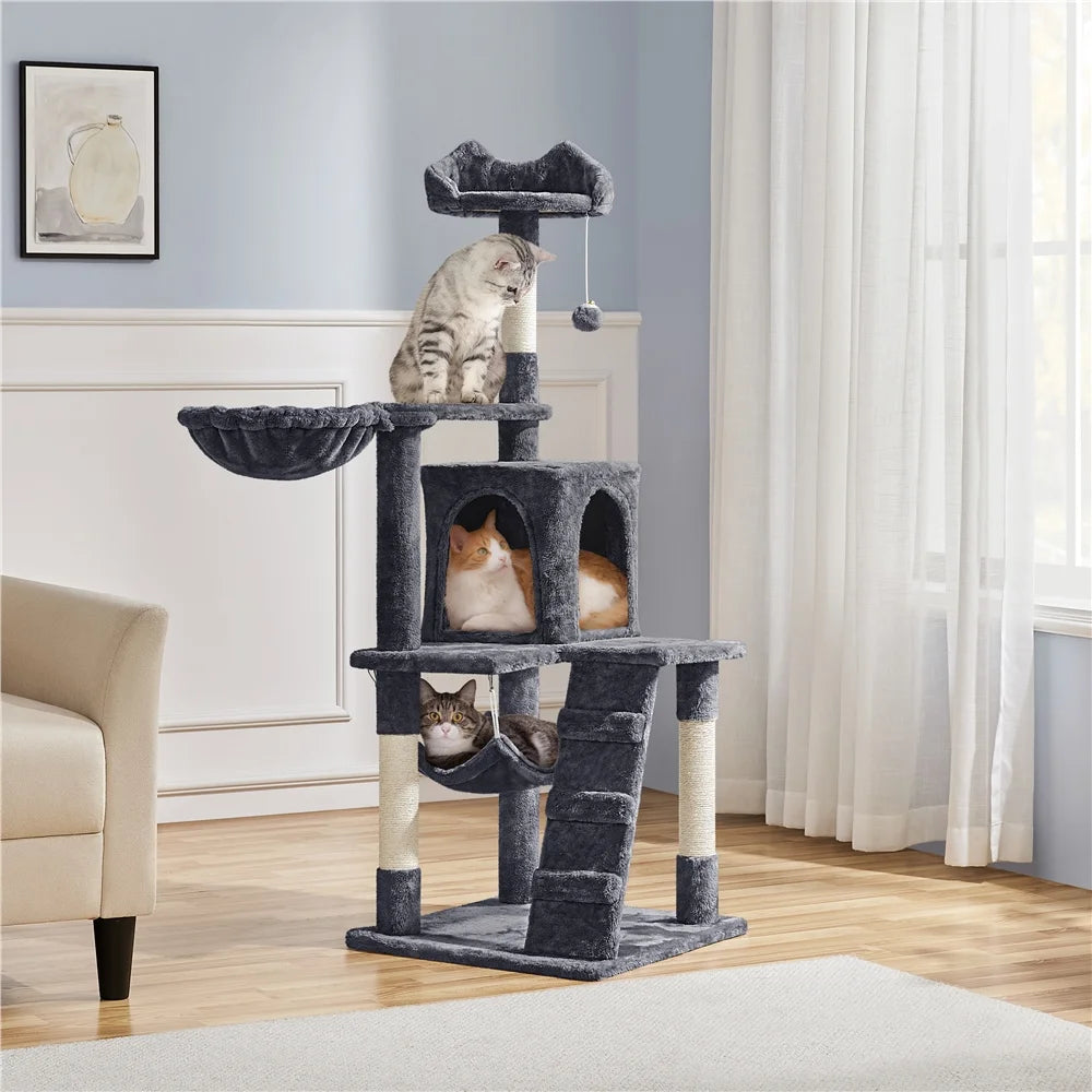 Cat Tree Tower with Hammock, Basket & Scratching Posts – Dark Gray, 54" (137 cm)