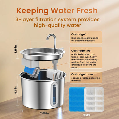 PWF-001 304 Stainless Steel Cat Water Fountain, 2L Water Fountains for Cats Indoor - Silver