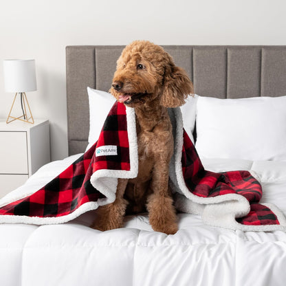 Waterproof Sherpa Dog Blanket, Leakproof Reversible Cover, 80×60 (203×152 cm), Red Plaid