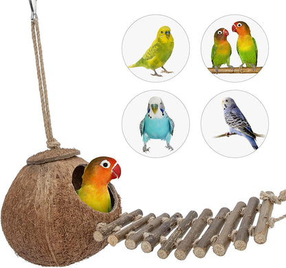 Natural Coconut Hideout with Ladder – Bird & Small Pet Toy